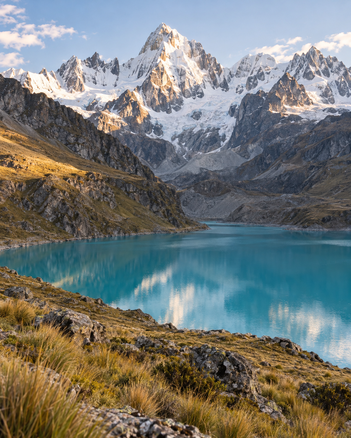 Laguna turquesa bajo las cumbres nevadas de la cordillera Huayhuash, en Perú.