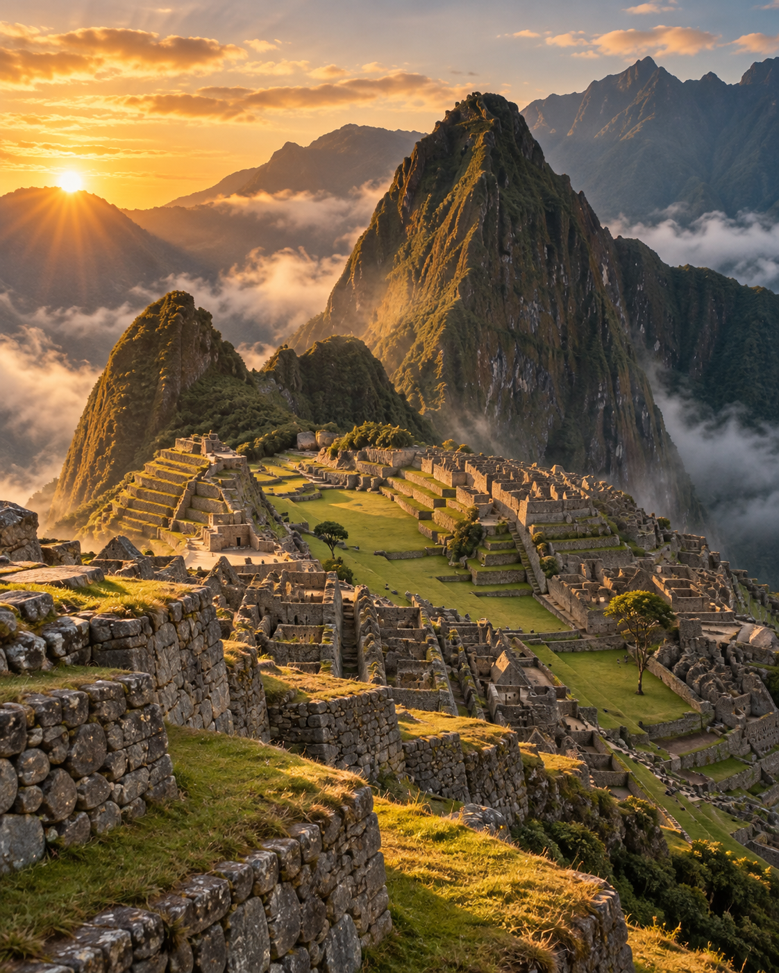 Terrazas incas de Machu Picchu al amanecer, con la montaña Huayna Picchu al fondo.
